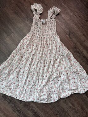 Floral Ruffle Strap Maxi Dress - White & Pink